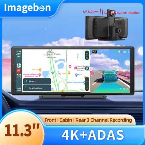 Imagebon 11.3" H60 Pro Dashcam 4K ADAS Wireless CarPlay & Android Auto 3 Channel Recording Night Vis