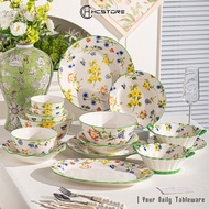 HIJAU HCSTORE - MEADOW CERAMIC PLATES AND BOWLS WITH GREEN FLOWER MOTIFS, SERVING PLATES, FADE-RESIS