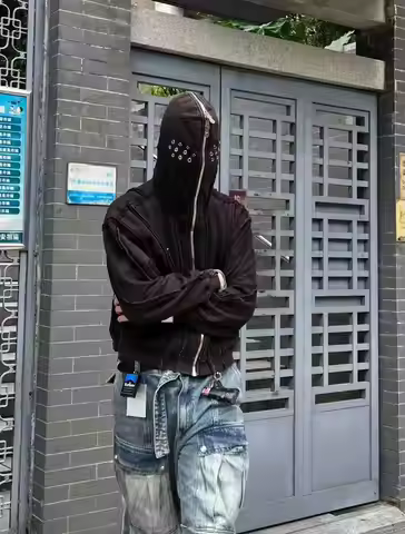 Thug club vibe silver masked burr rimmed zip cropped metal mask Boxy hoodie jacket