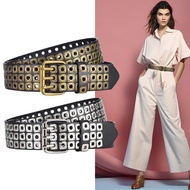 LK555 Premium PU Leather Belt Metal Pin Width 4 Cm. Length 45 Inches Black Silver Head Punk Rock Sty