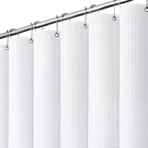White Waffle Fabric Shower Curtain, Heavy Duty 256GSM Weighted Cloth with 12 Hooks, 72x72 Inches for