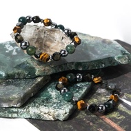 黃虎眼、水草瑪瑙、金曜石、鈦赫茲、黑膽石-穩定行動力防護手鍊