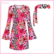 Retro Dress Halloween Cosplay Costume 1970s Halloween Party Costume Set with Headband Colorful Print