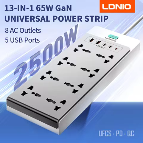 13-in-1 65W Power Strip Surge Protector LDNIO With 8 Universal AC Outlets PD USB C QC USB A Desktop 
