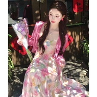 D6058 - Two-Piece Suit Set: Lightweight Floral Cardigan & Narrow Waist Skirt | Vacation Wear