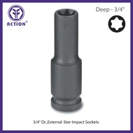 Action 3/4" Dr. Deep Length External Star Impact Sockets - E18~E32