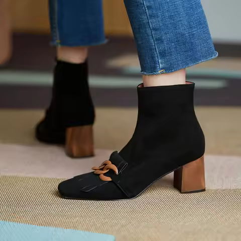 2021 Spring Autumn New Women Ankle Boots Kid Suede Shoes Woman Square Toe Chain Side Zipper New Fema
