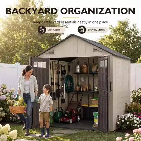 8x6ft Large Resin Outdoor Storage Shed with Floor, Lockable Door & Windows, HDPE for Garden, Custom