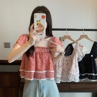 2025 Casual Square Neck Short Sleeve Floral Dress Square Neck Chiffon French Flying Sleeve Small Shi