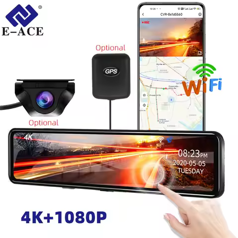 E-ACE Car DVR 24H Touch GPS Night Vision Connect Phone 12 Inch Record Sound Rear Camera 4K Dash Cam 