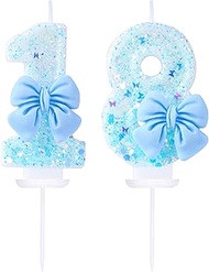 18 Birthday Candles Blue Bow Number 18 Cake Candles, 18th Cake Topper Decorations for Kids Pets Past