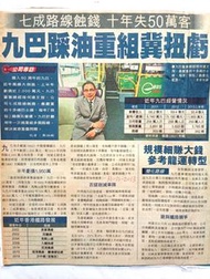 七成路線蝕錢 十年失50萬客 九巴踩油重組冀扭虧 半年虧捐  1.950萬 / 規模細賺大錢 考慮參考龍運/近年香港鐵路發展 /2013年 10月31日 蘋果日報: 香港新聞剪報