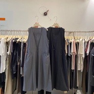 Ord-vintage drawstring dress for women, Korean style, dark gray A-line Sleeveless Cool 4-season ches