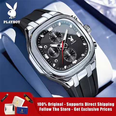PLAYBOY 3076 Brand original authentic watches for man luxury Gift Box Silicone strap square watch qu