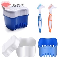 SOFTNESS Dentures Container with Basket Travel Cleaning Tool Storage Box Cleaner Brush