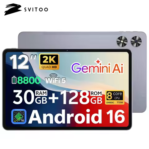 SVITOO Tablet 2026 Android 16 12 Inch 2000 x 1200 2K Display IPS Large Screen Unisoc T7250 Octa-Core