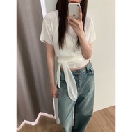 90012 Round Neck Laced-Up Narrow-Waist Loose Slightly Transparent Short