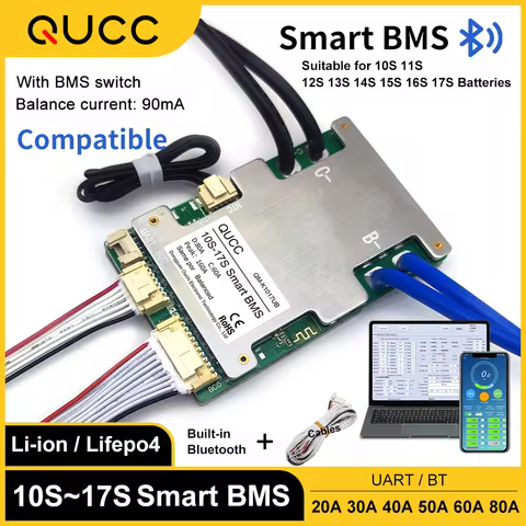 Qucc 20A 30A 40A 50A 60A 80A 10S 12S 13S 14S 15S 16S 17S Smart BMS Lifepo4 Lithium Battery Ebike Bal