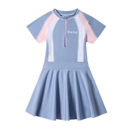 LJMOFA 6-12Yrs Kids Girls Dark Patchwork One-piece Swimsuit Fashion Zippered Swimwear Jumpsuit Easy 