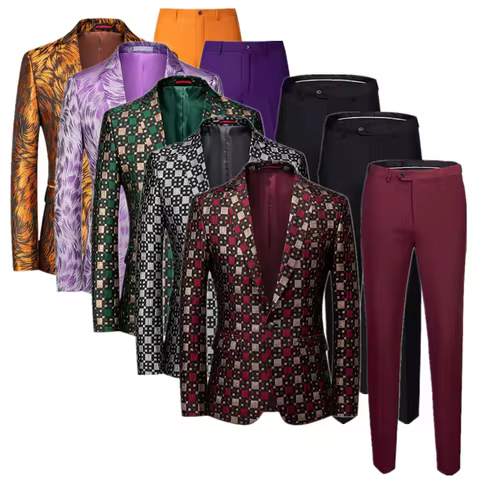 New Men Luxury Jacquard Suit 2 Piece Red / Silver / Yellow Fashion Singer Host Bar KTV Stage Perform