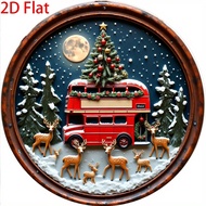 1pc Vintage Christmas Scene Round Metal Sign - Retro Red Bus, Reindeer And Snowy Landscape Wall Art,