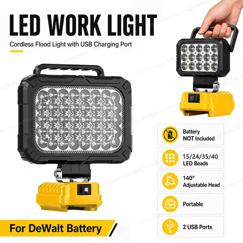 For Dewalt 18V Battery Portable LED Work Light Cordless Flood Light with USB Charging Port Cordless 
