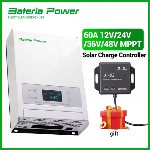 60A 12/24/36/48V MPPT Solar Charge Controller, BateriaPower 99.5% MPPT Efficiency Solar Panel Charge