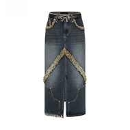 Retro Handmade Flocking เดนิม ยาว กระโปรง แฟชั่น ลำลอง แบรนด์ดีไซเนอร์ 4Mile Street Rock Natural เอว