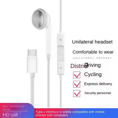 USB Type-C Earphone Single-Side Earphone USB-C Earbud,Single-Ear Earbud with Mic for iPhone 16 15 Sa