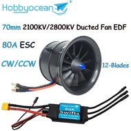 Hobbyocean 70mm Ducted Fan EDF 12-Blades 4S 2800KV 6S 2100KV 80A ESC About 2200G Thrust Combo for RC
