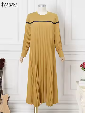 Women Elegant Long Sleeve Patchwork Maxi Dresses 2025 ZANZEA Autumn Muslim Abaya Robe Femme Sundress