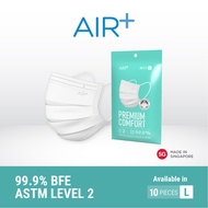 AIR⁺ White Surgical Mask with Premium Comfort | L Size | 10PC | Made in Singapore | BFE 99.9% | ASTM Level 2
