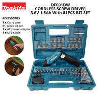 MAKITA DF001DW 3.6V In-Line 1/4" Hex Cordless Screwdriver with 81PCS Bit Set