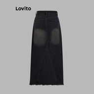 (Trendy) Lovito Casual Denim Skirts Plain Washed Denim Skirt for Women L105MD048