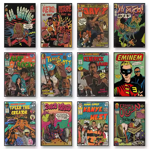 Rapper Legend Singer Eminem Comic Style Music Album Cover Vintage Aesthetic Poster Wall Art Pictures