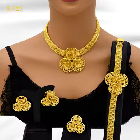 24K Gold Flower Tassel Necklace Earrings Ring Bracelet Bride 4-Piece Set Women AU999 - comfortable f