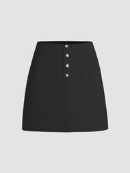 Cider Mid Waist Solid Button Mini Skirt