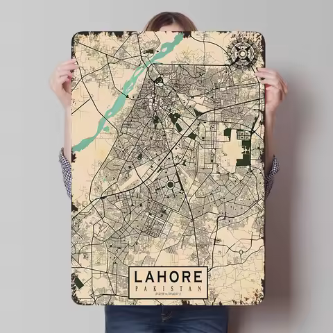 Vintage Style Lahore City Map Metal Wall Art Pakistan Travel Souvenir Home Decoration