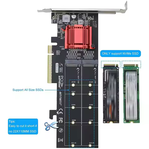 Dual NVMe PCIe Adapter,M.2 NVMe SSD to PCI-E 3.1 X8/X16 Card Support M.2 (M Key) NVMe SSD 22110/2280