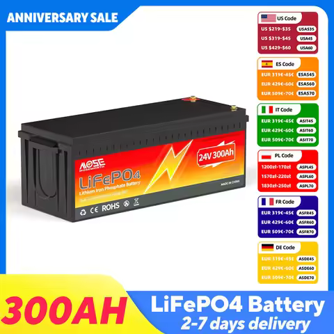 MOSEWORTH 24V 300AH LiFePO4 Battery 7680Wh Rechargeable Lithium Battery with 200A BMS 15000+ Cycles 