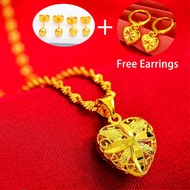 (Set) Original 916 Gold Plated Clavicle Ripple Waterline Necklace for Women Peach Heart Pendant Necklace Earrings Set with Free Earrings Free Gift