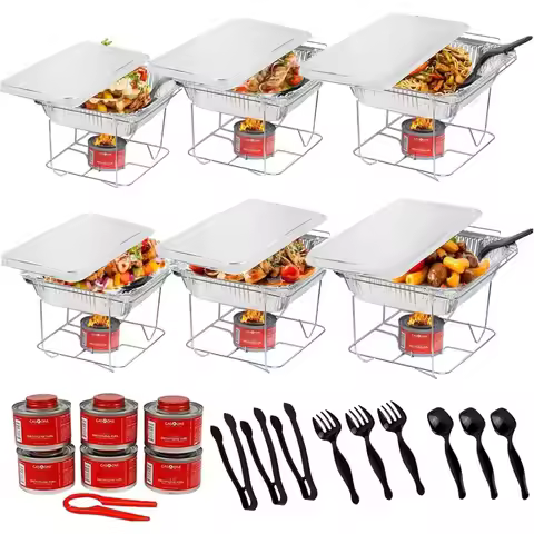 Alpha Living 6 Pack Disposable Chafing Dish Buffet Set Half Size Pans Welded Body Food Warmers Parti