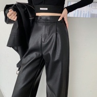 กางเกงหนัง PU สำหรับผู้หญิงหนังสังเคราะห์เอวสูงสีดำ,เสื้อผ้าแนวสตรีทกางเกงขอบยางยืดเย็บปะติดปะต่อกันเสื้อผ้าฤดูหนาวขากว้าง