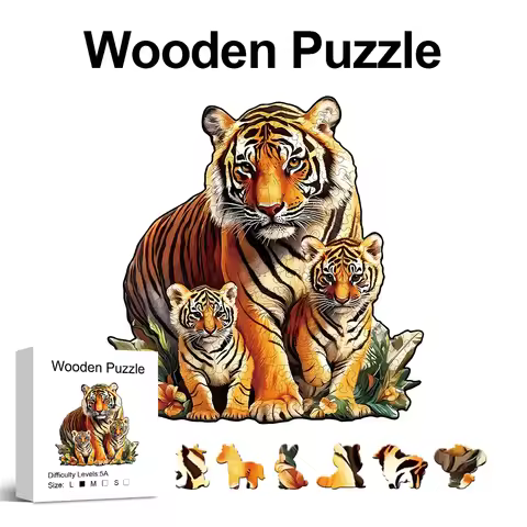 Tiger Family Wooden Puzzle For Adults, Uniquely Irregular Animal Shaped Wooden Jigsaw Puzzle, Perfec