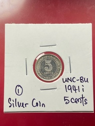 Malaya 1941i 5cents Silver Coin UNC