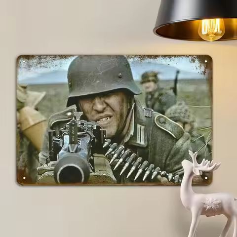 Tin sign WW II German Photo -.. Soldier with MG42 Machine Gun ** Metal Plaque wall decoration Decora