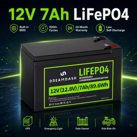 Dreamdash 12V 7Ah LiFePO4 Battery 89.6Wh Rechargeable Lithium Iron Phosphate Battery Built-in BMS F2