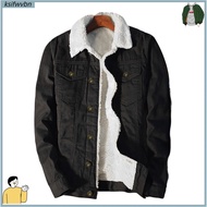 ksifwvbn Men Jean Jacket Plush Lining Single Breasted Turndown Collar Solid Color Long Sleeve Coldpr