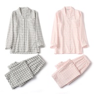 Japanese Double-Layer Gauze Pajamas Pure Cotton Plaid muji muji Couple Long-Sleeved Loungewear Suit 