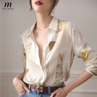 Missumixiu Silk Shirt Women Design Striped Print Top Mulberry Silk Long Sleeve Shirt Tops